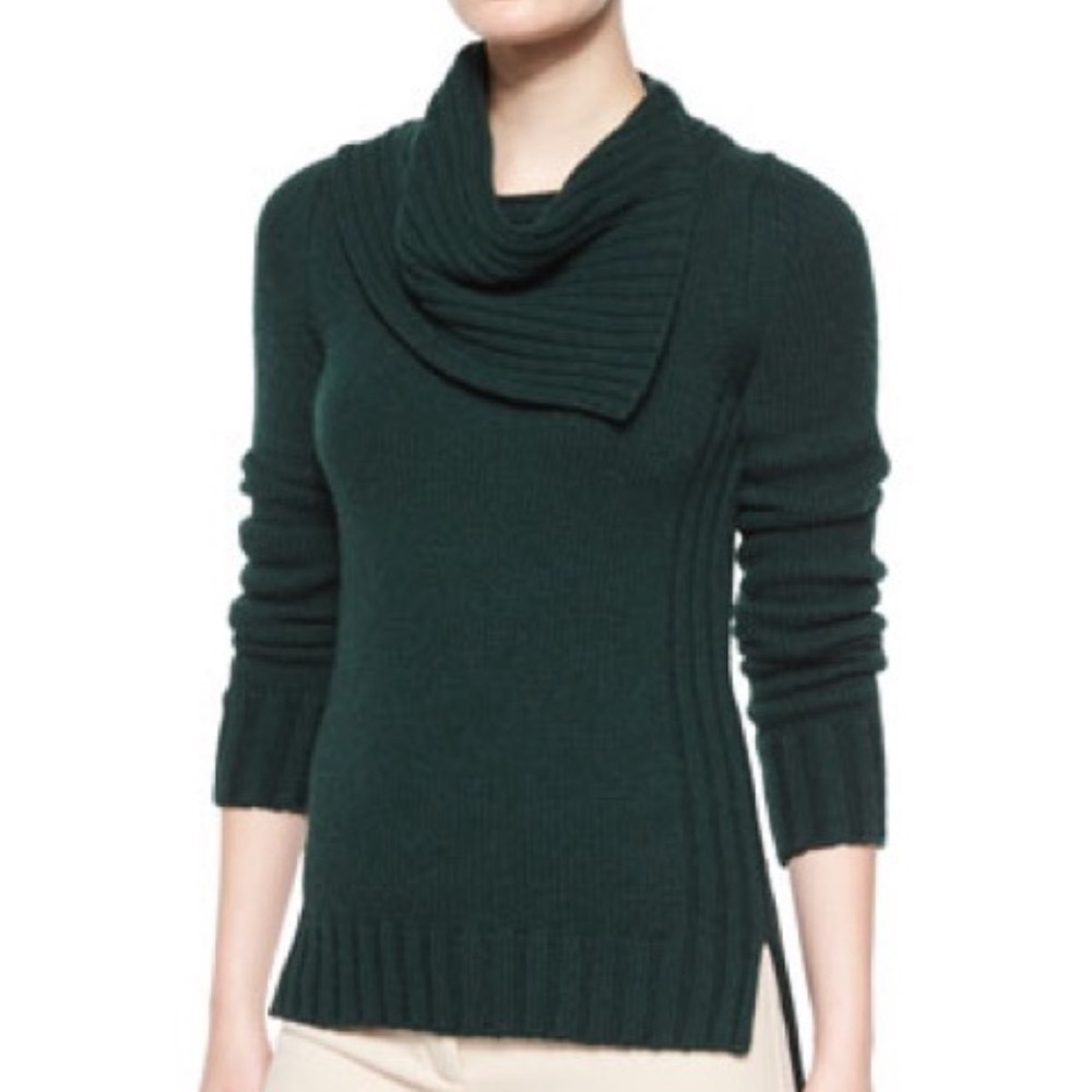 Derek Lam Bottle Green Fold Over Collar Cashmere Asymmetrical Hem Sweater